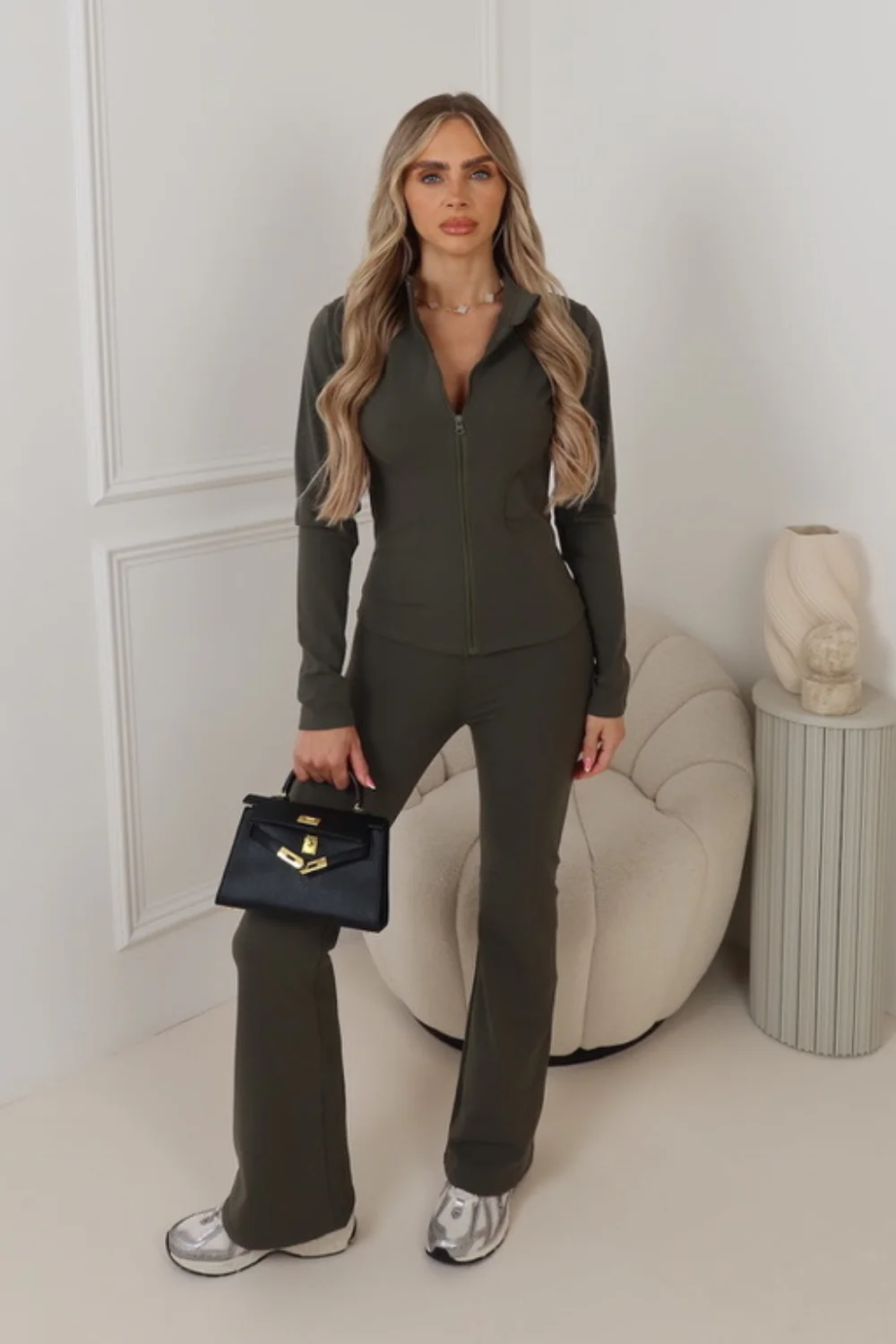 ASHER KHAKI FULL ZIP JACKET AND RUCHED BUM FLARED LEGGINGS