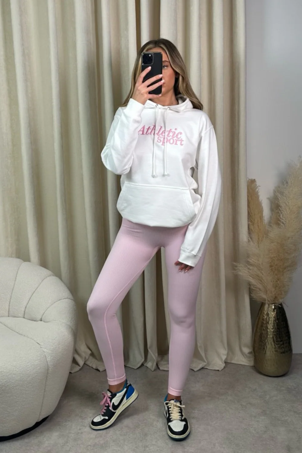 Athletic sport baby pink embroidered white hoodie and legging set
