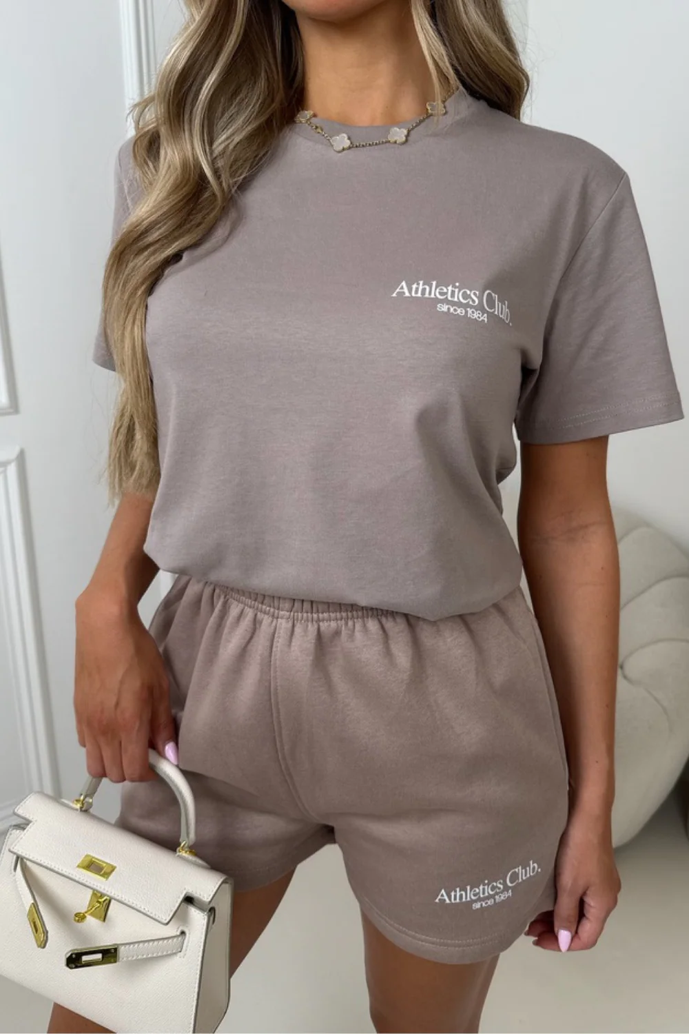 Athletics club mocha & white printed t-shirt and mocha shorts co-ord