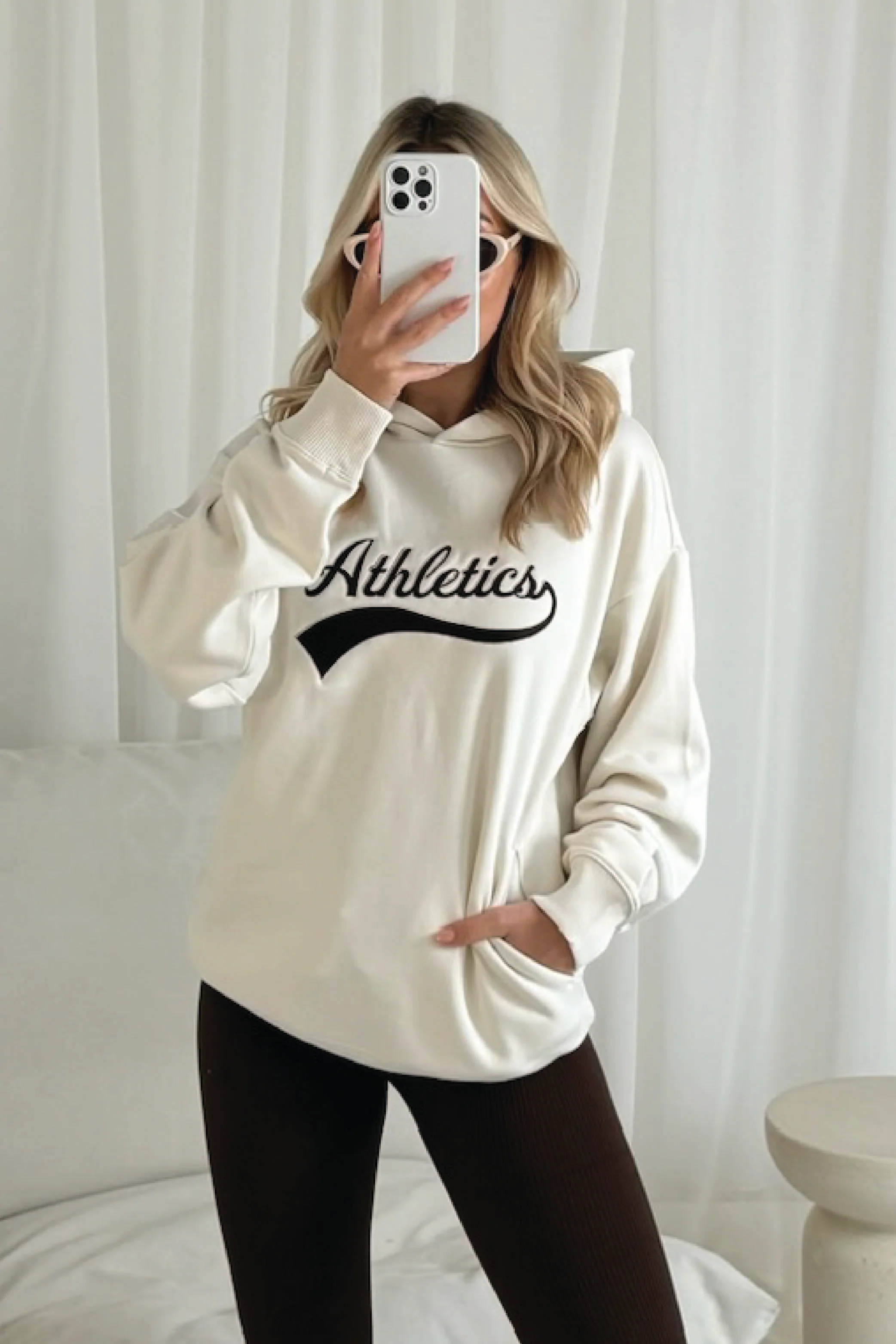 Athletics Ecru & Choc embroidered hoodie and ribbed legging set - Image 2