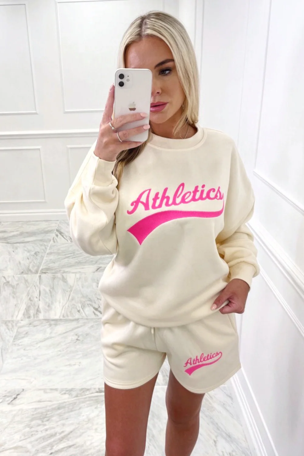 athletics hot pink embroidered ecru sweater short loungewear set - Image 2