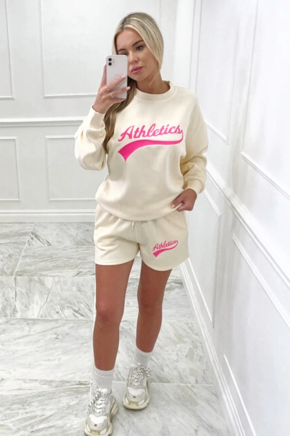 athletics hot pink embroidered ecru sweater short loungewear set - Image 3