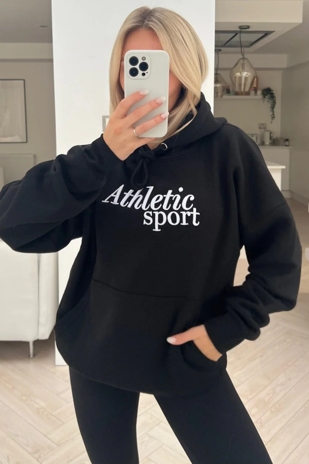 Athletics sport black embroidered drawstring hoodie