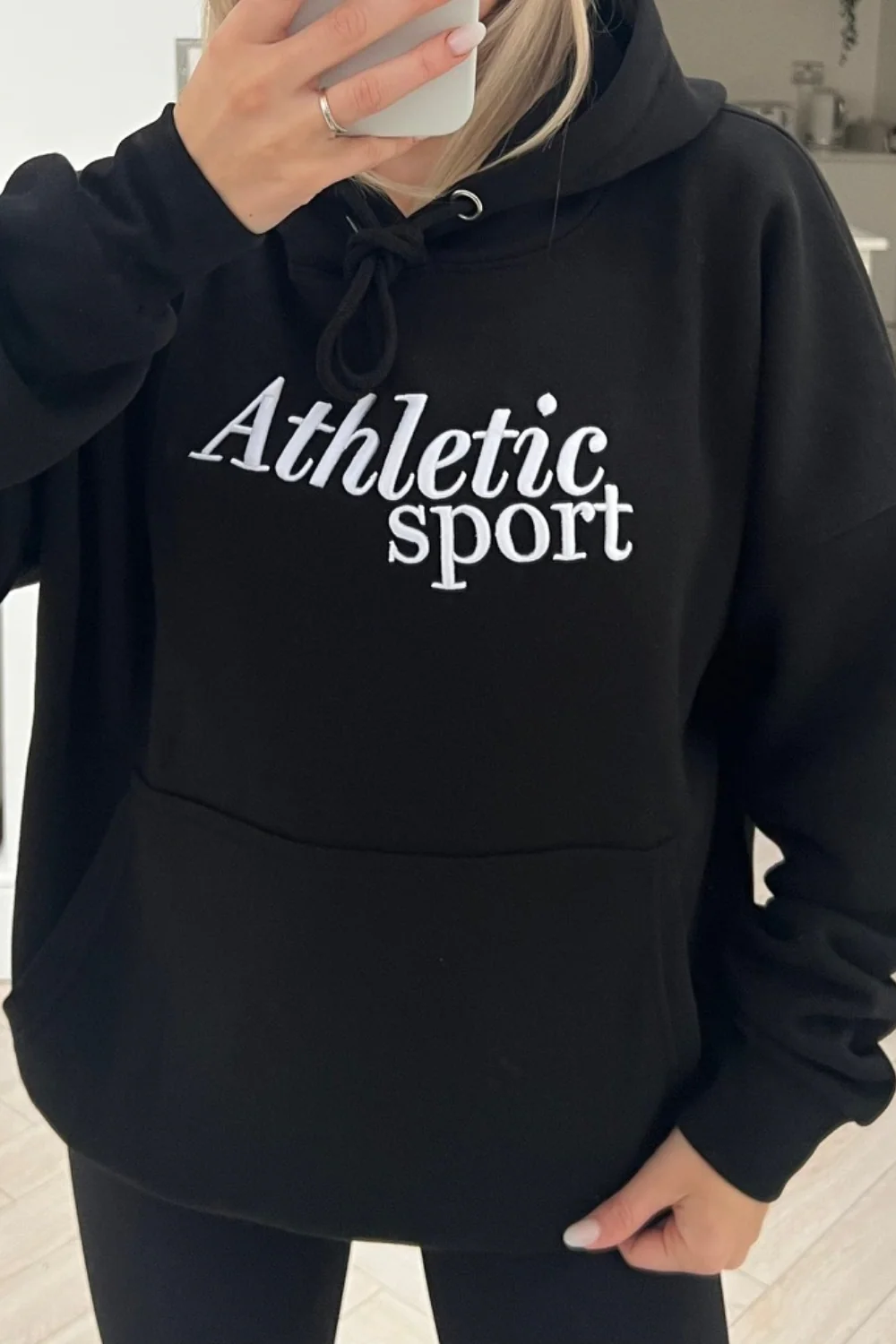 Athletics sport black embroidered drawstring hoodie - Image 2