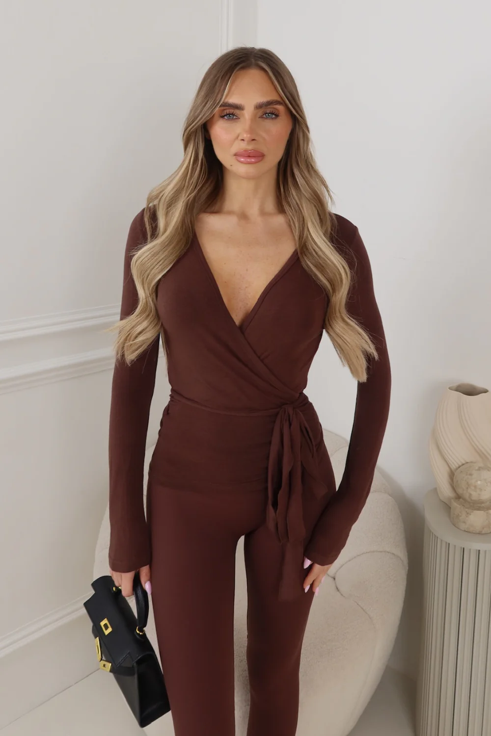 AURELIA CHOCOLATE LONG SLEEVE WRAP FRONT TIE TOP