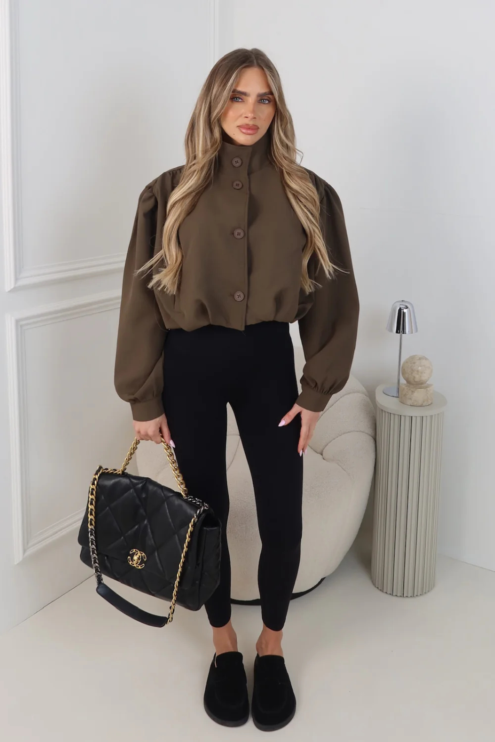 AVA CHOCOLATE PUFF SLEEVE HIGH NECK CROPPED JACKET - Image 2