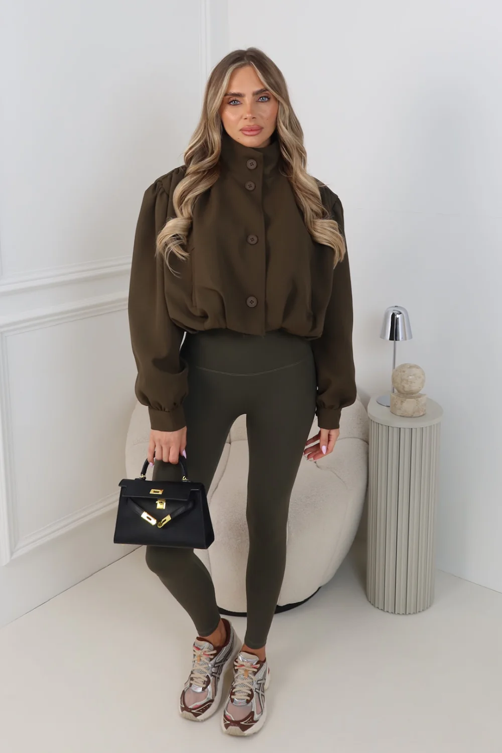AVA DARK KHAKI SLEEVE HIGH NECK CROPPED JACKET