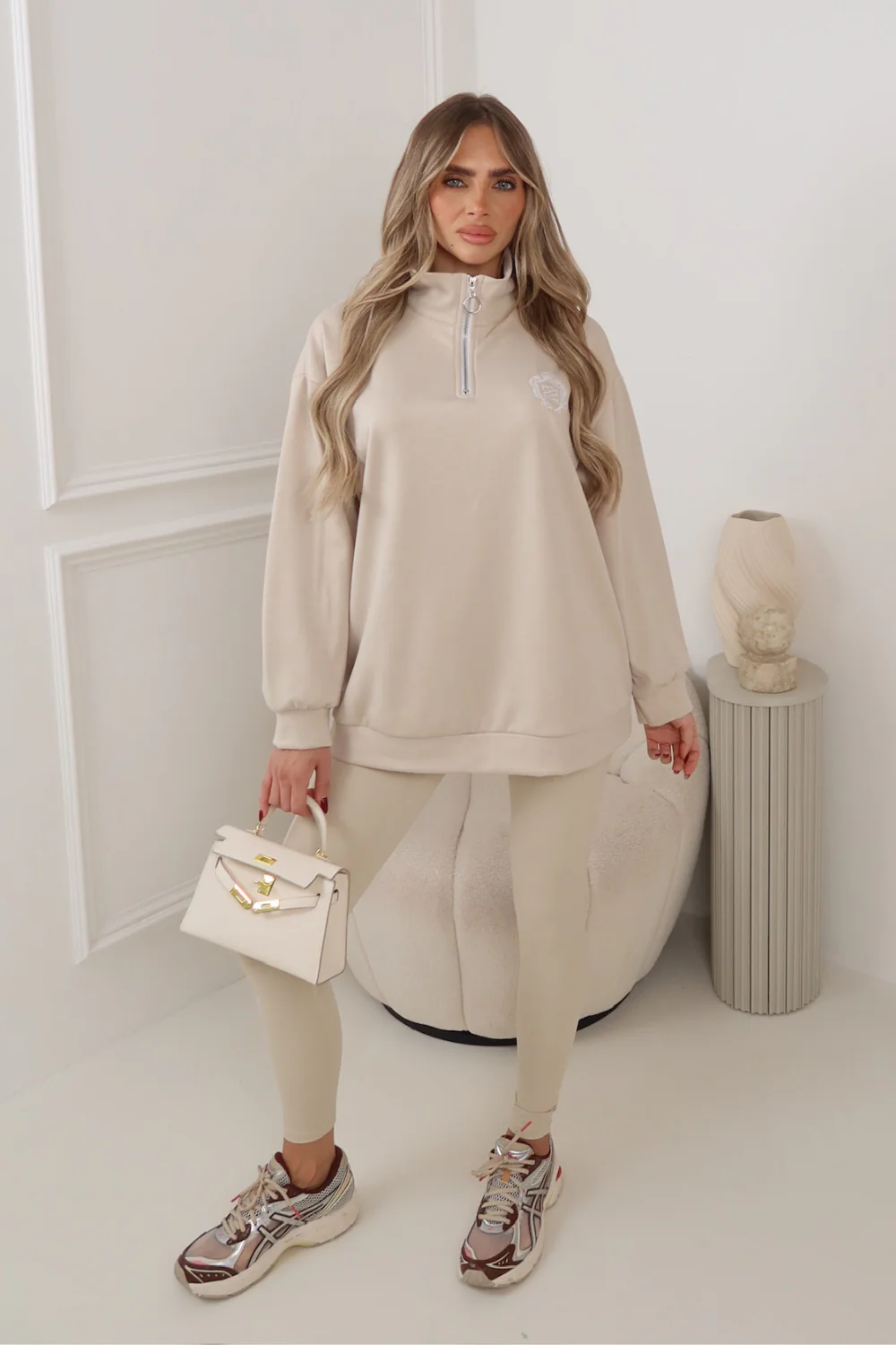 AYLA GEGE EMBLEM EMBROIDERED CREAM 3/4 ZIP JUMPER