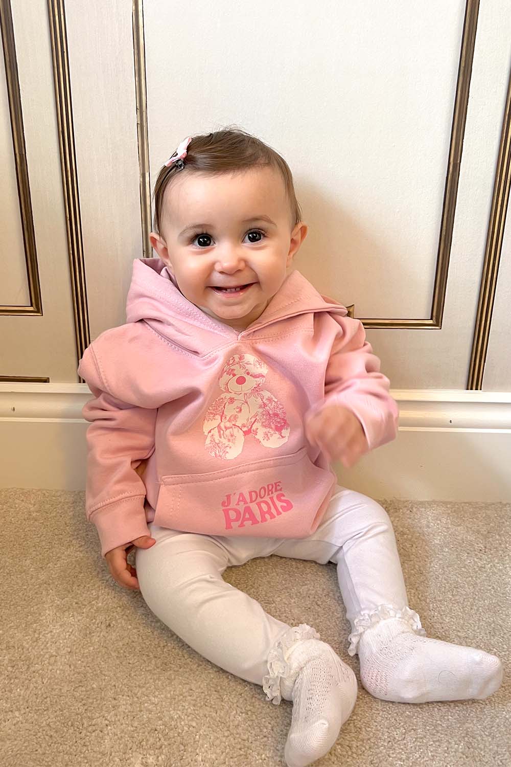 Baby Pink Jadore Paris Teddy printed Hoodie - Image 2