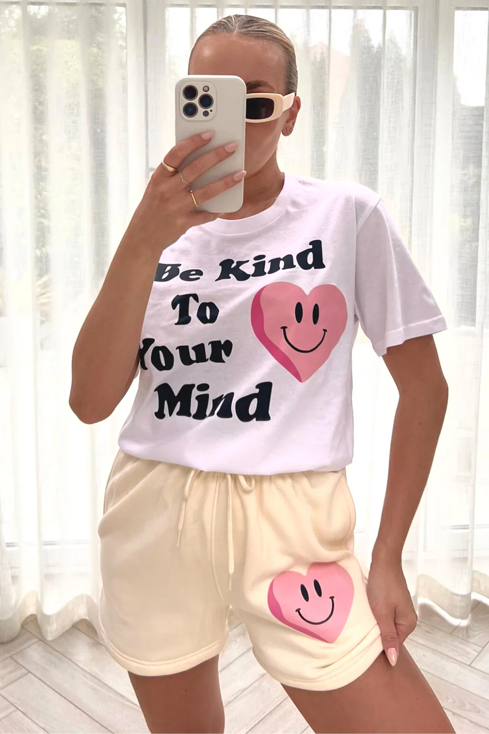 be kind to your mind ecru & white printed short tee co-ord