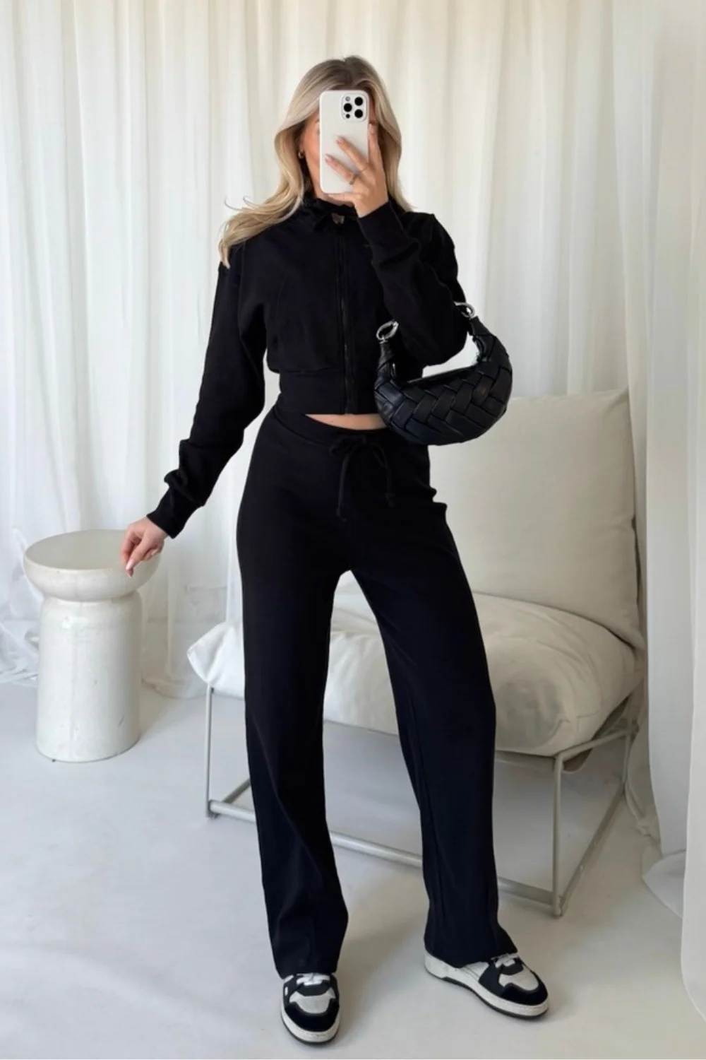 Becky black ribbed cropped jacket & wide leg trousers - Image 3