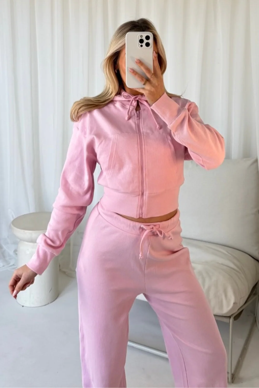 Becky pink ribbed cropped jacket & wide leg trousers - Image 2