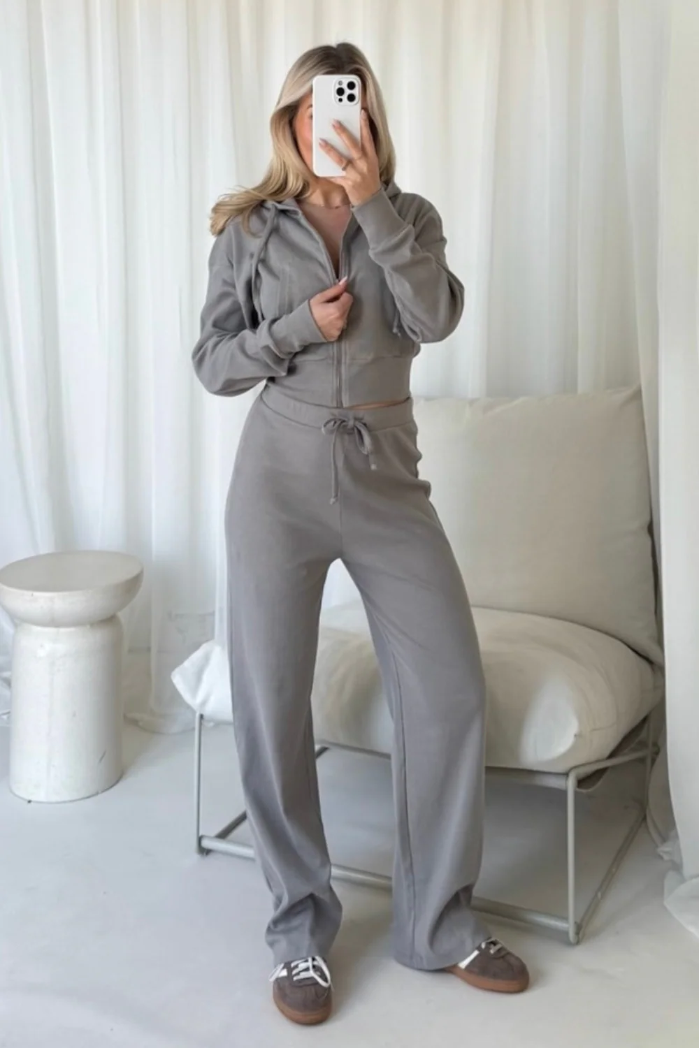 Becky slate grey ribbed cropped jacket & wide leg trousers - Image 2