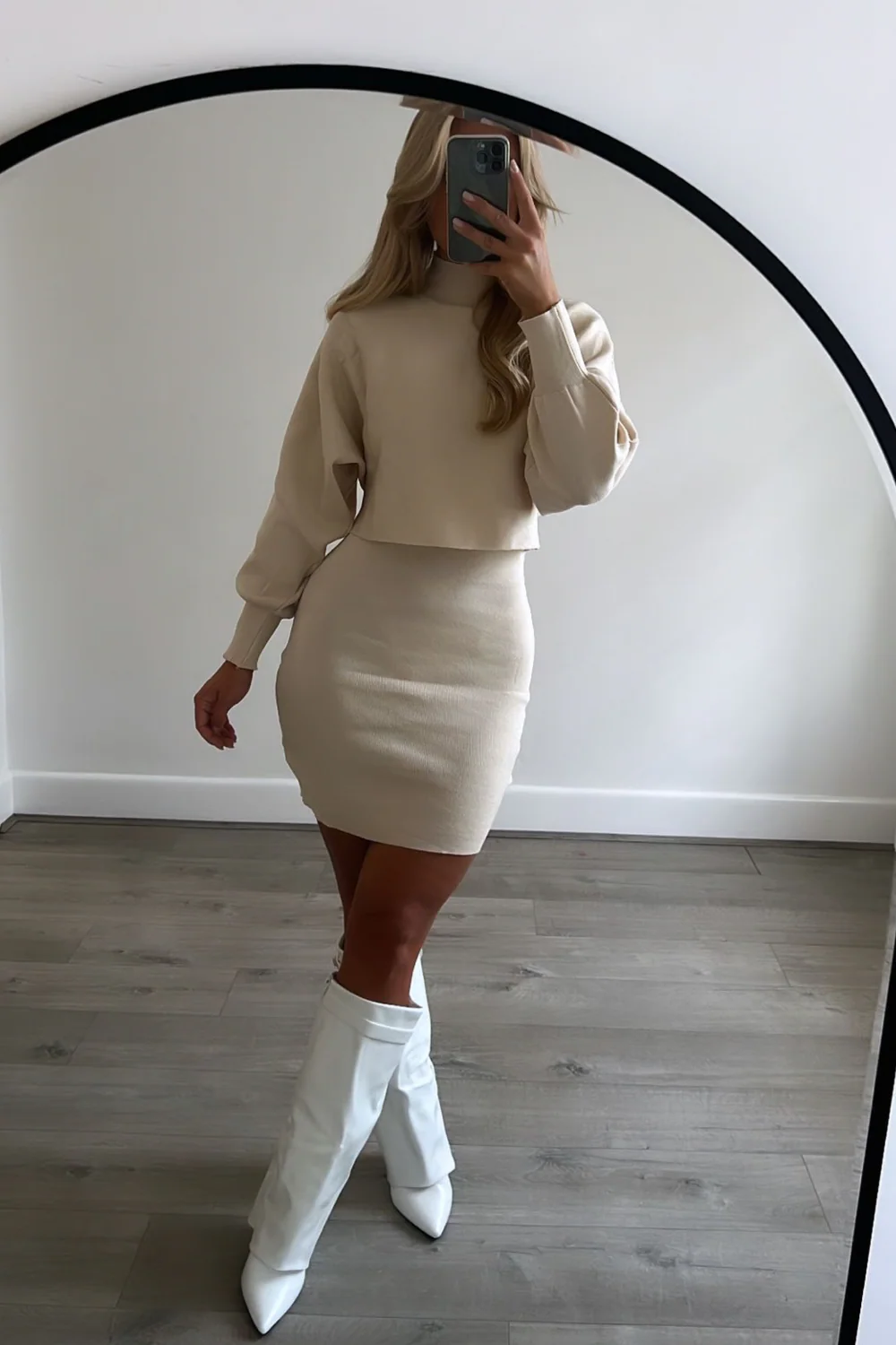 BELLA CREAM KNIT CROP JUMPER AND DRESS CO ORD TWO PIECE SET - Image 4