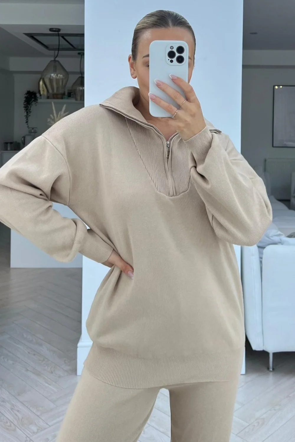 Bella beige long sleeve 1/4 zip neck loungewear set - Image 2