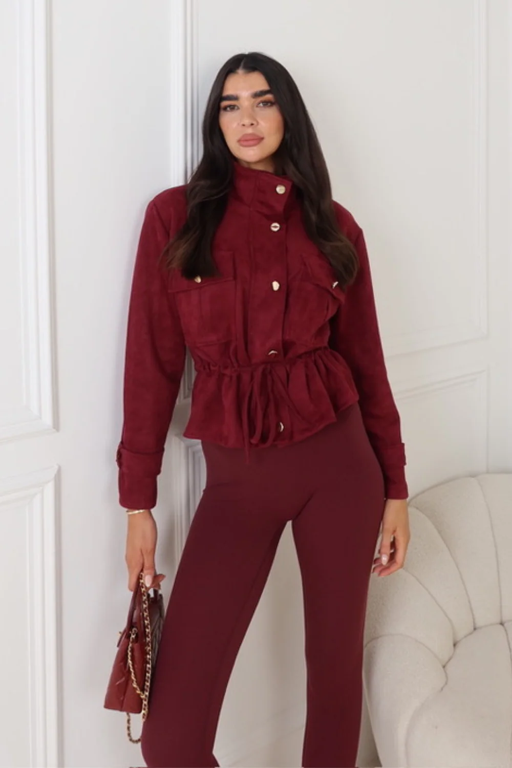 BETHANIE CHERRY RED DRAWSTRING FAUX SUEDE JACKET - Image 2