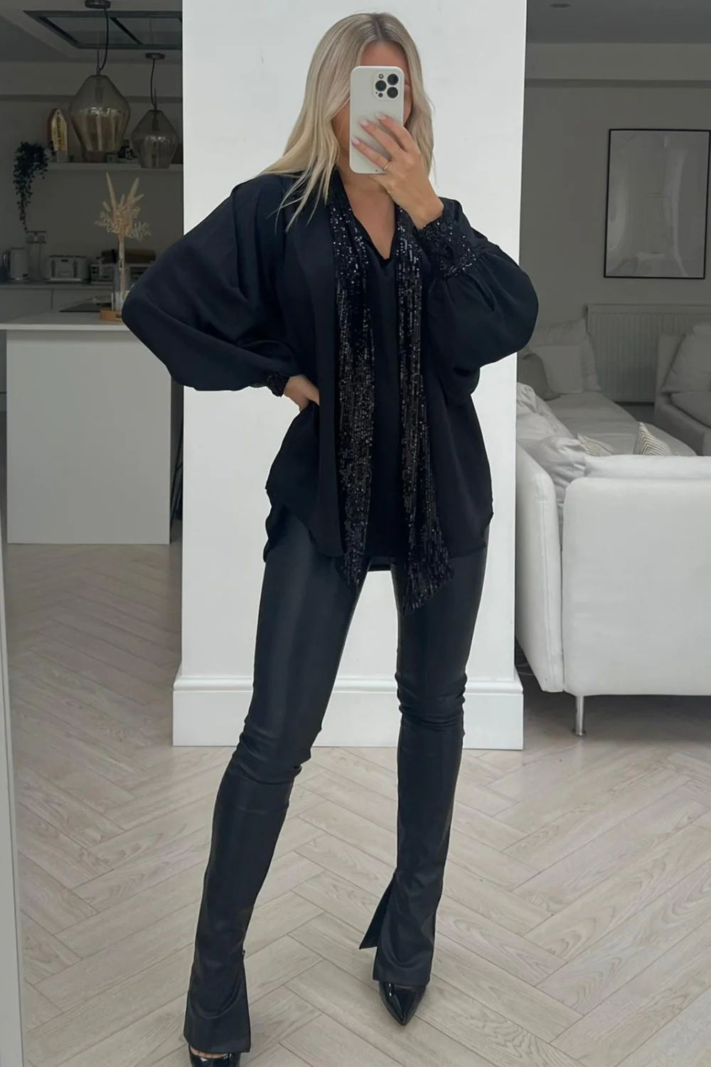 Lucy black bow tie satin sequin blouse - Image 2