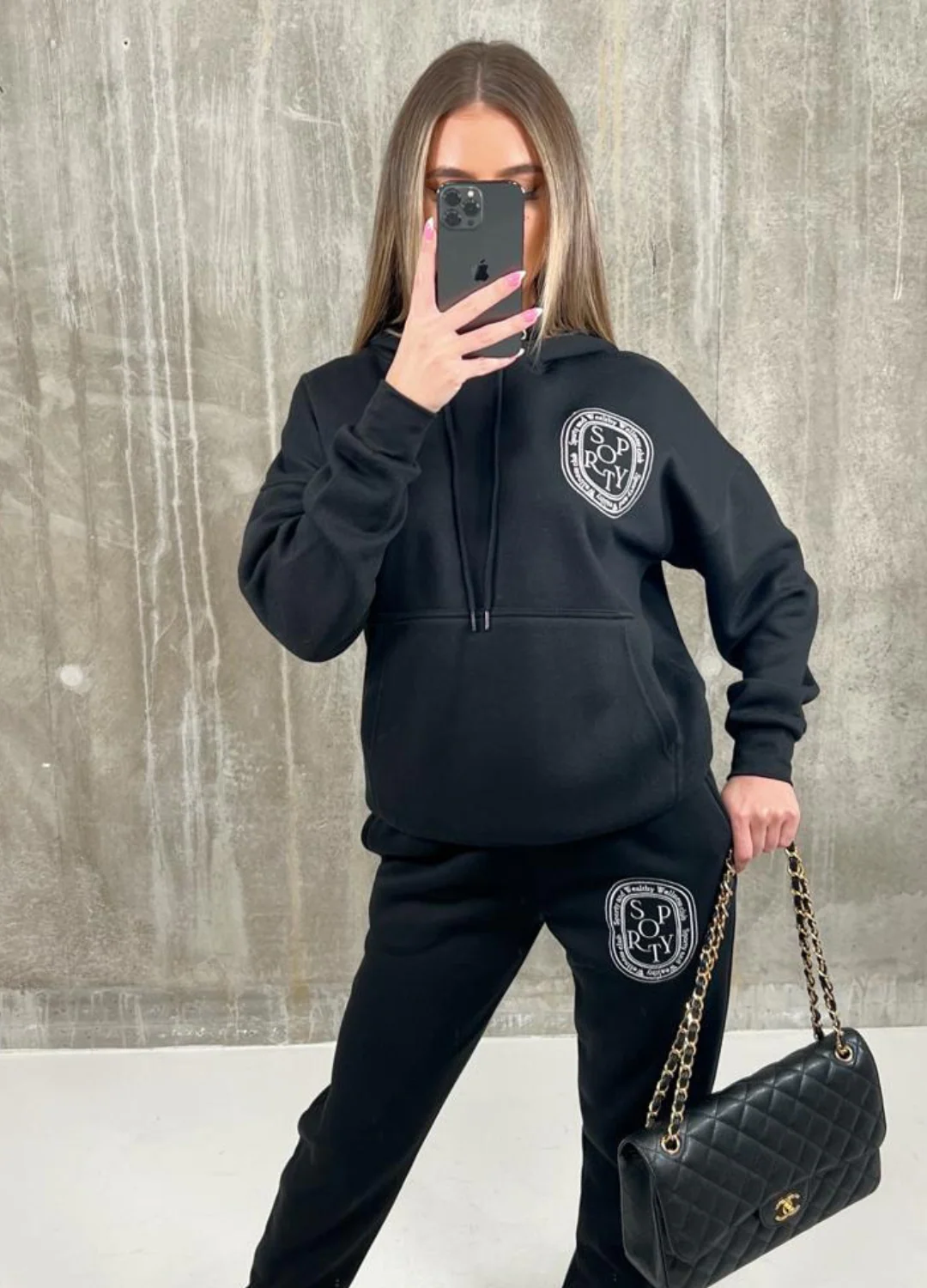 Black Sporty & Wealthy Badge embroidered Hoodie lounge set - Image 2