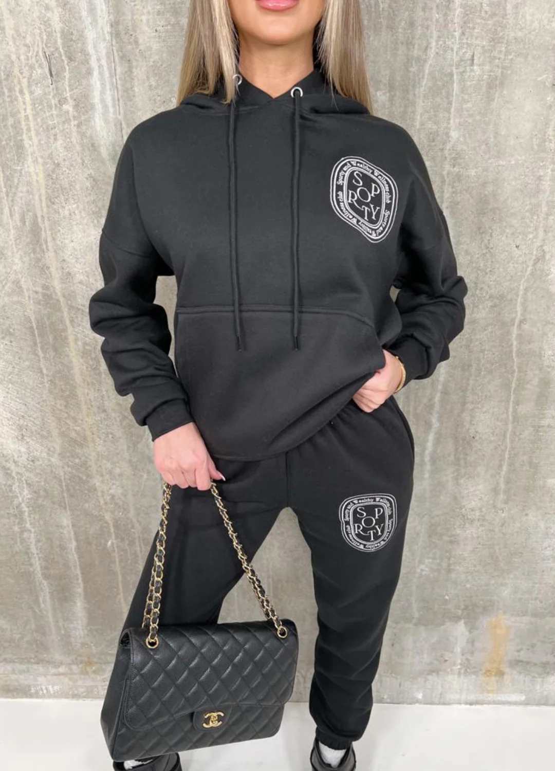 Black Sporty & Wealthy Badge embroidered Hoodie lounge set - Image 3