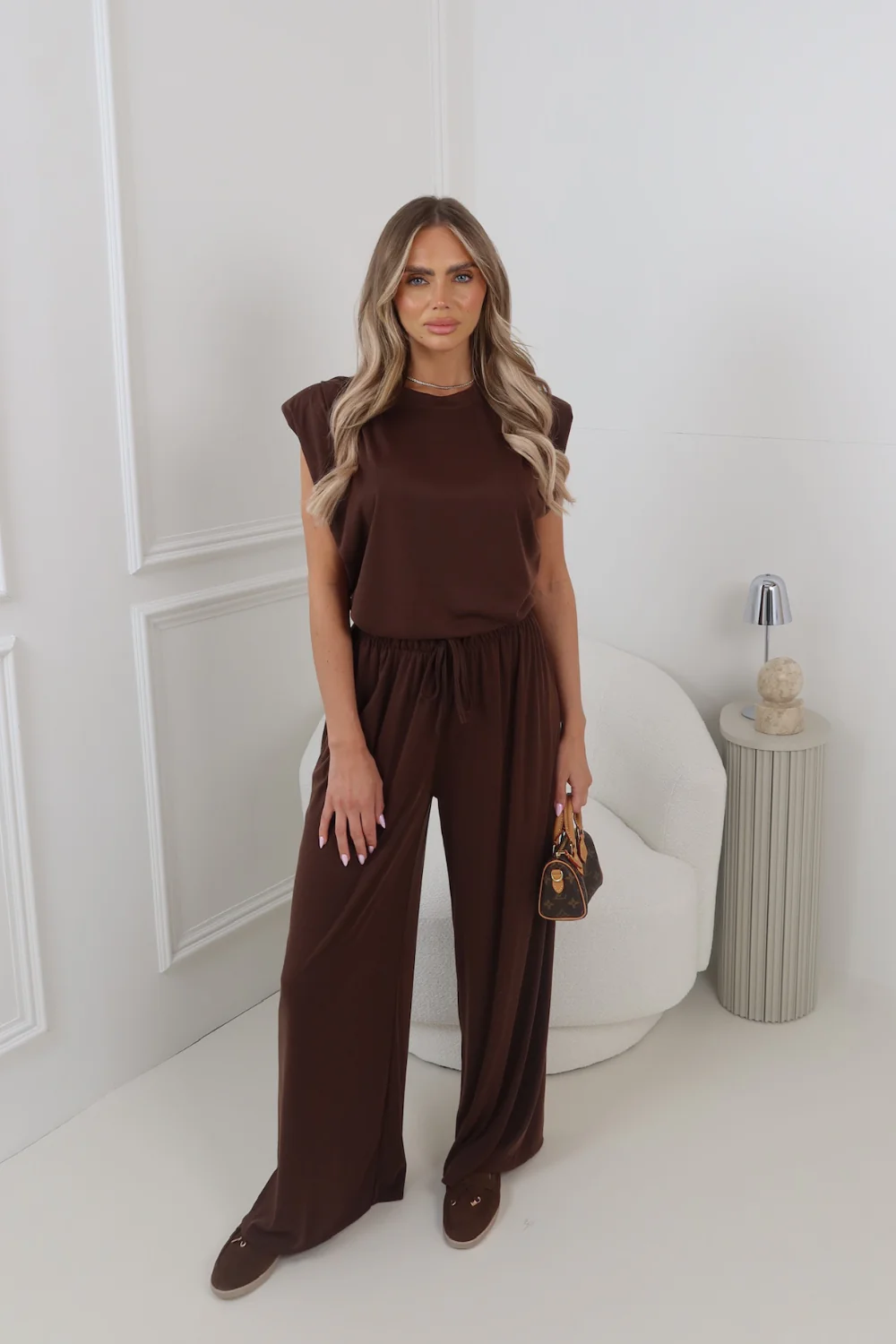 BLAIR CHOCOLATE SHOULDER PAD TOP AND TROUSERS CO ORD TWO PIECE SET - Image 2