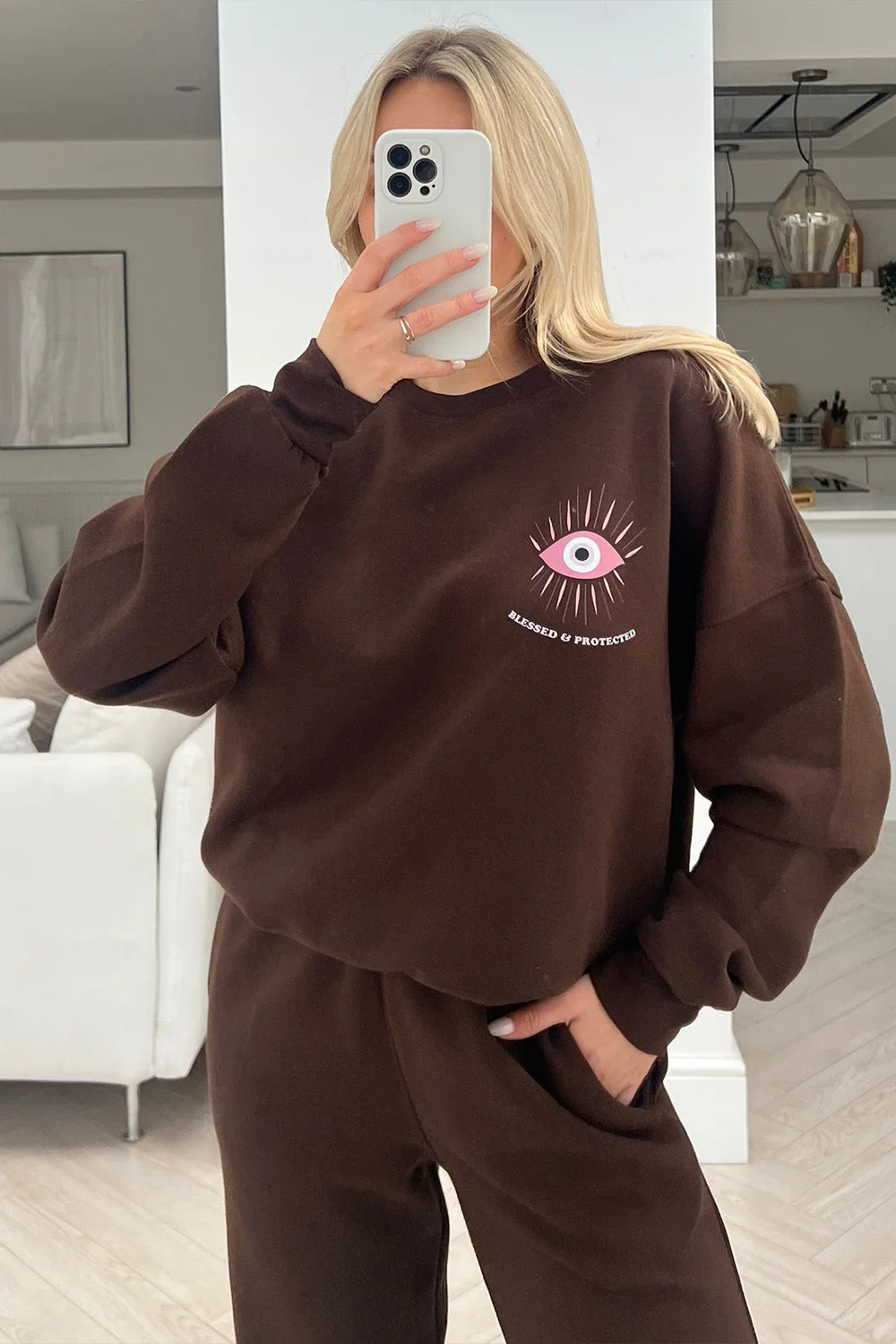 Blessed & protected chocolate Printed sweater jogger loungewear set - Image 2