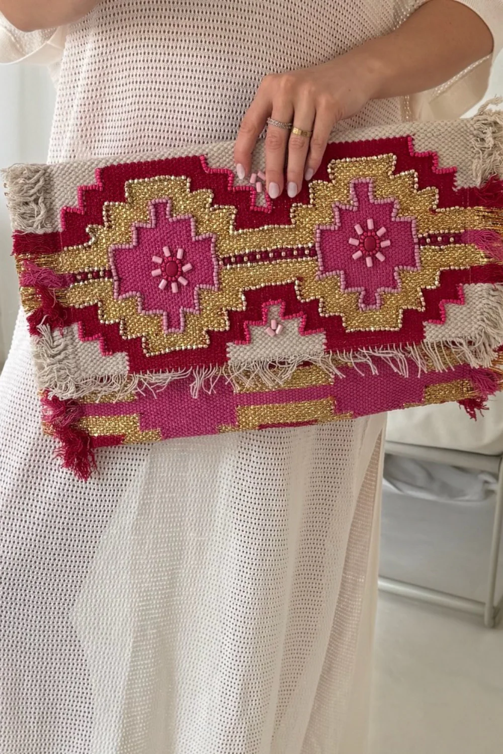 Boho pink beaded oversized clutch bag - Image 2