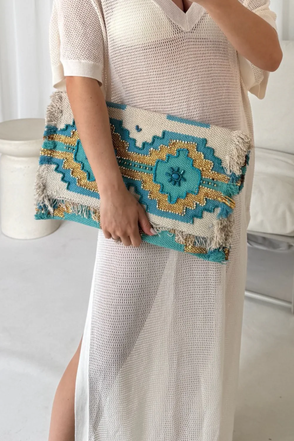 Boho turquoise beaded oversized clutch bag - Image 3