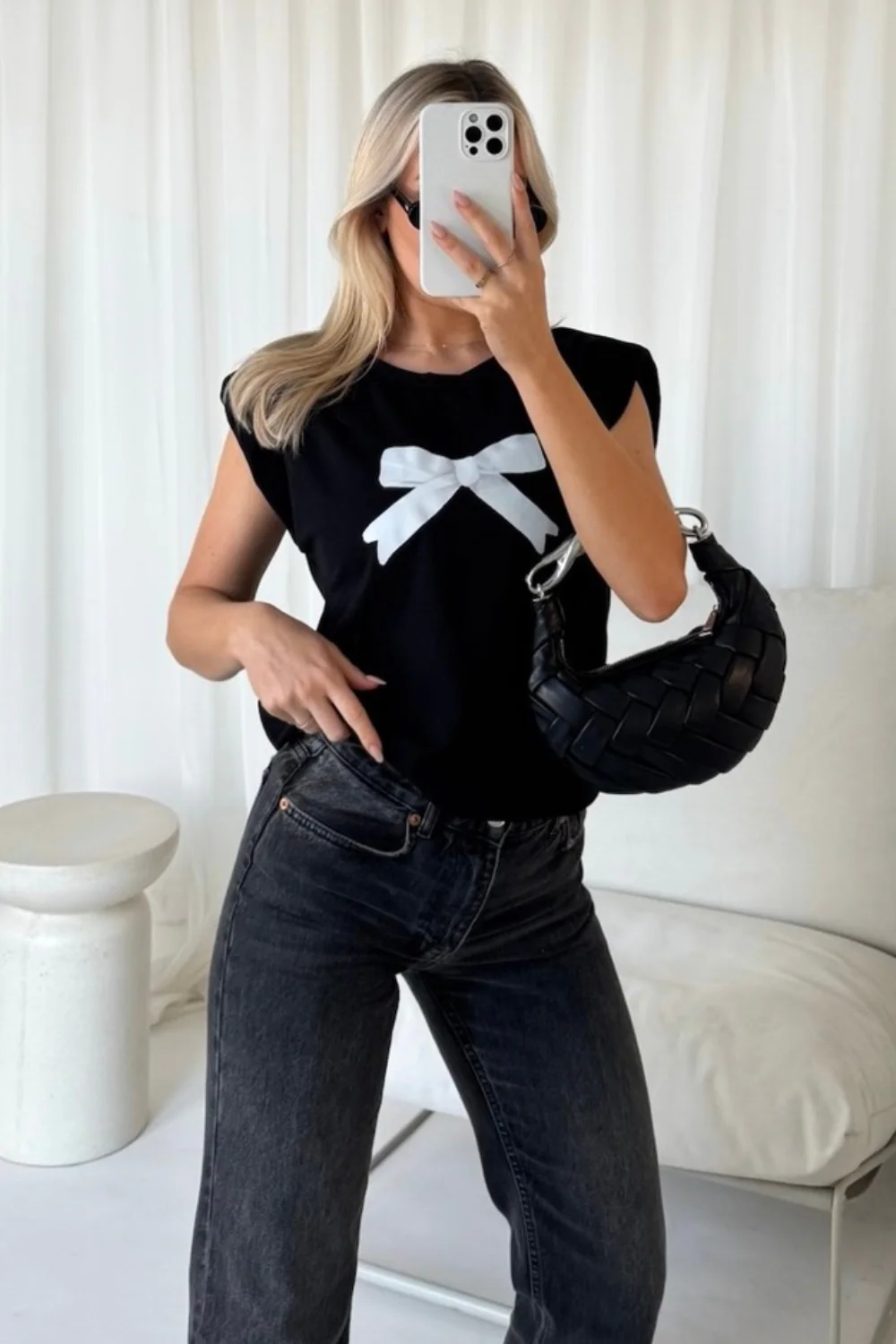 Bow black printed shoulder pad t-shirt - Image 2