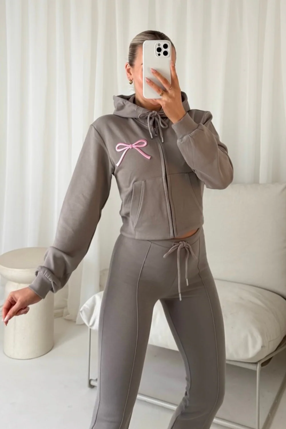 Bow embroidered slate grey cropped hoodie & flared leg jogger loungewear - Image 2