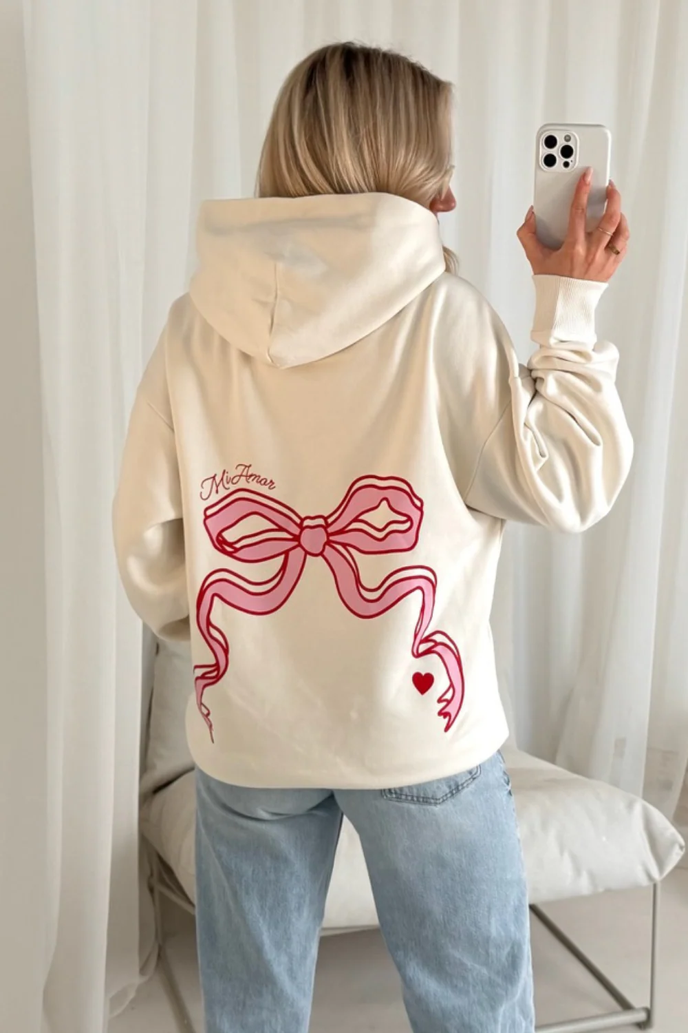 Bow printed ecru hoodie - Image 2