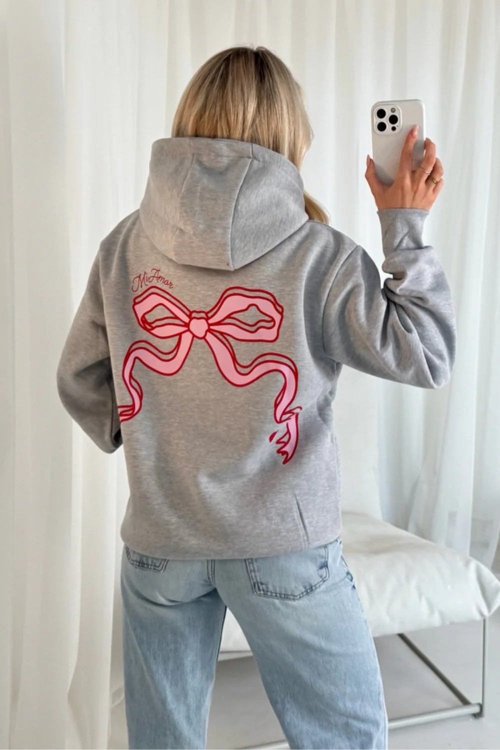 Bow printed marl grey hoodie - Image 3