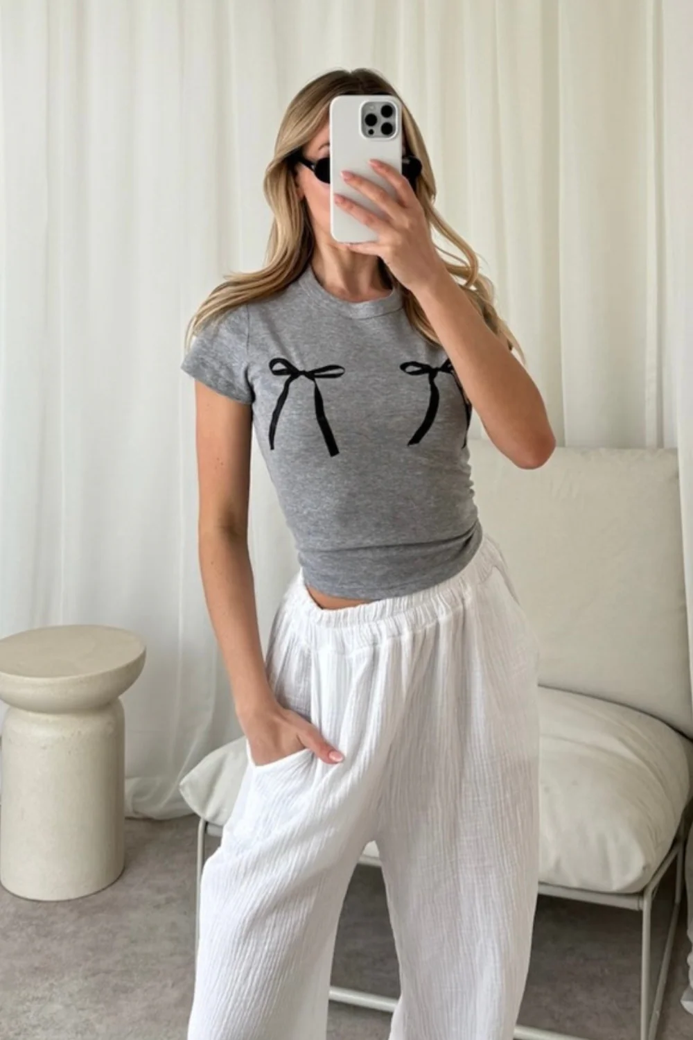 Bows grey printed baby tee