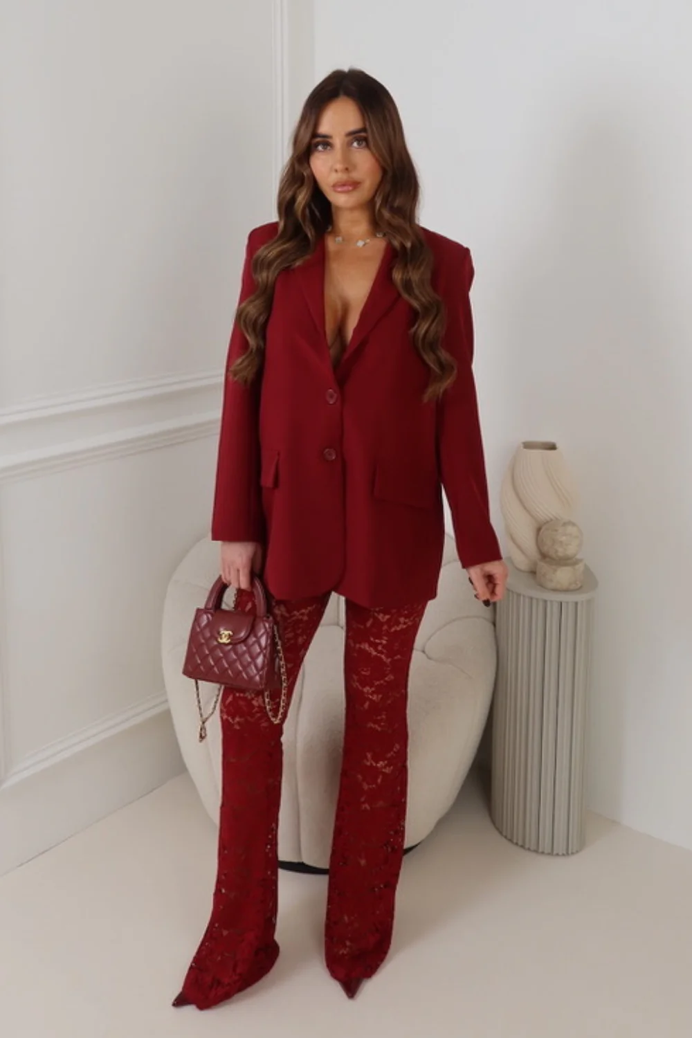 BRIA BURGUNDY LACE FLARED TROUSERS