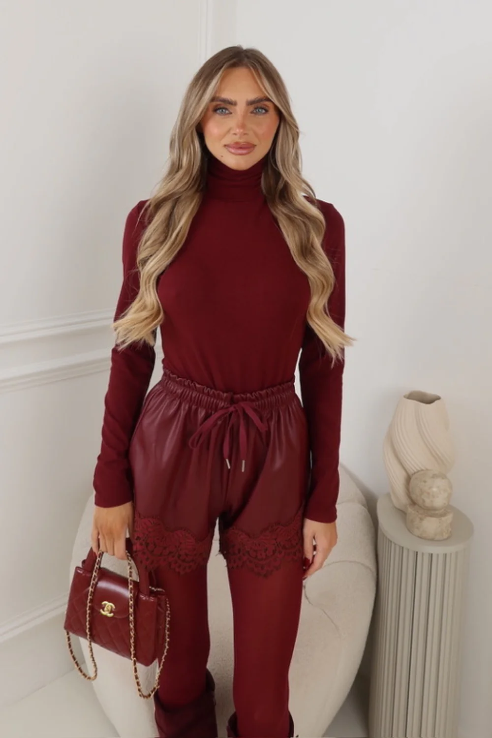 BRIANY BURGUNDY FAUX LEATHER LACE SHORTS - Image 4