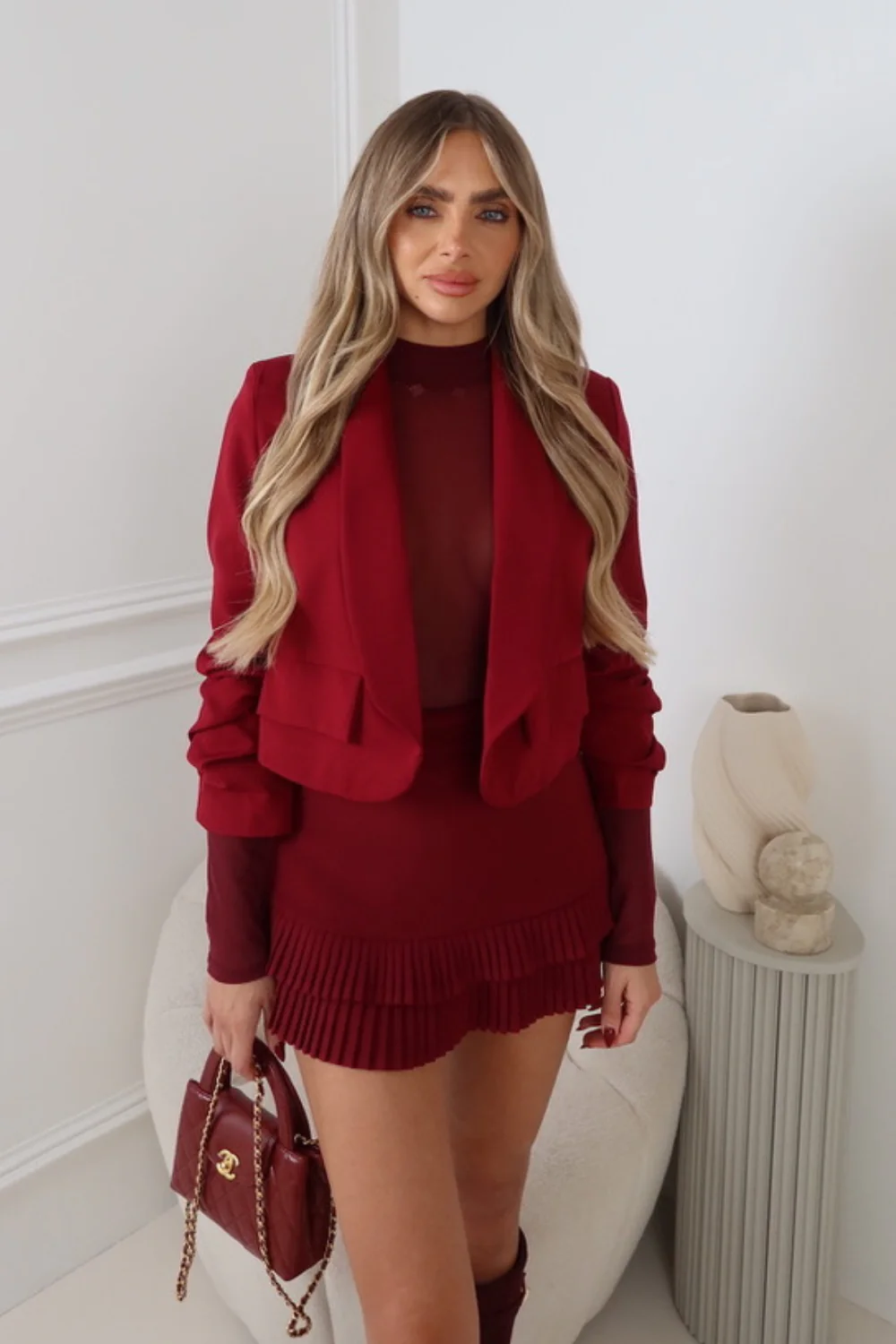 BRIDGET BURGUNDY RUCHED SLEEVE BLAZER