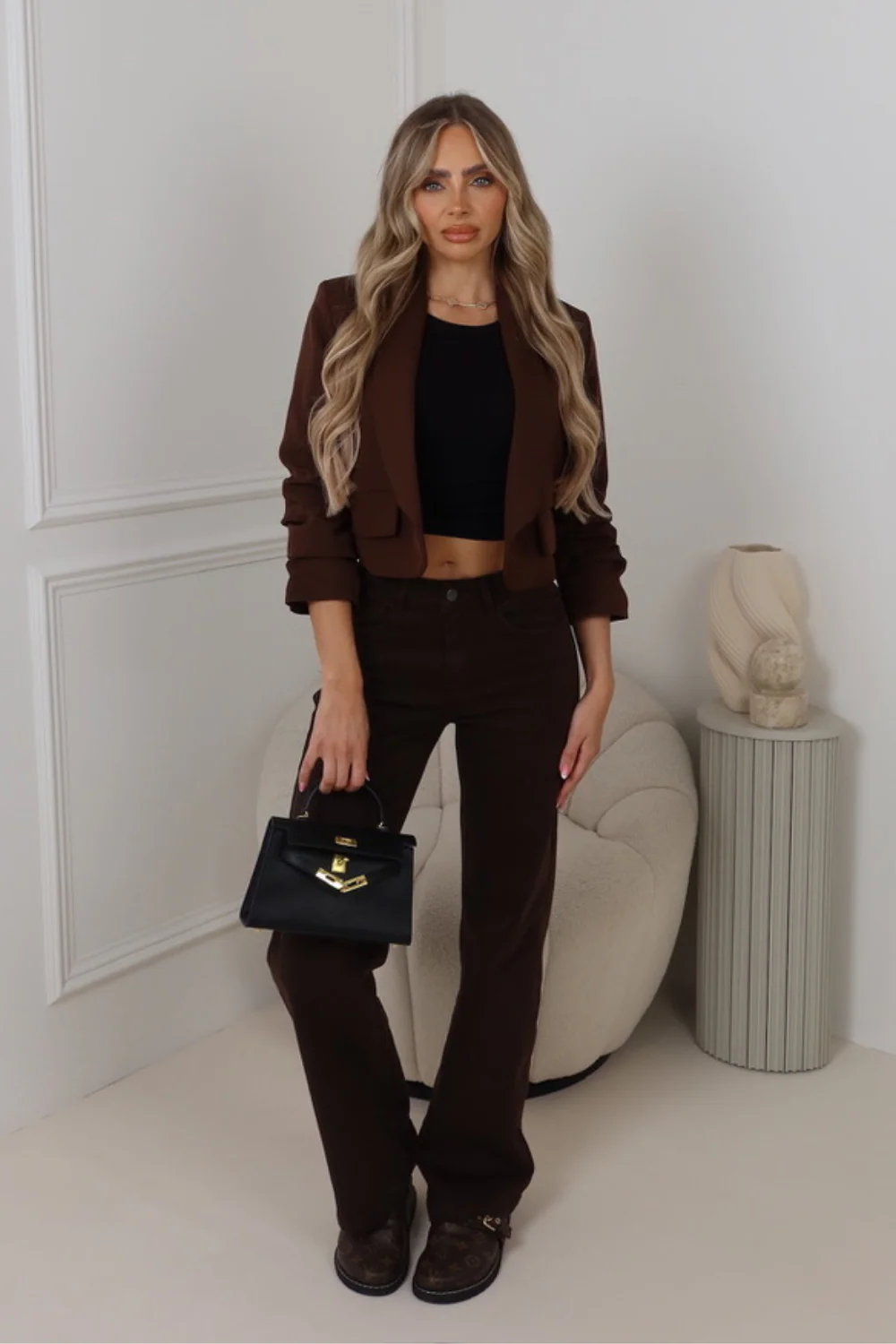 Bridget chocolate ruched sleeve cropped blazer - Image 2
