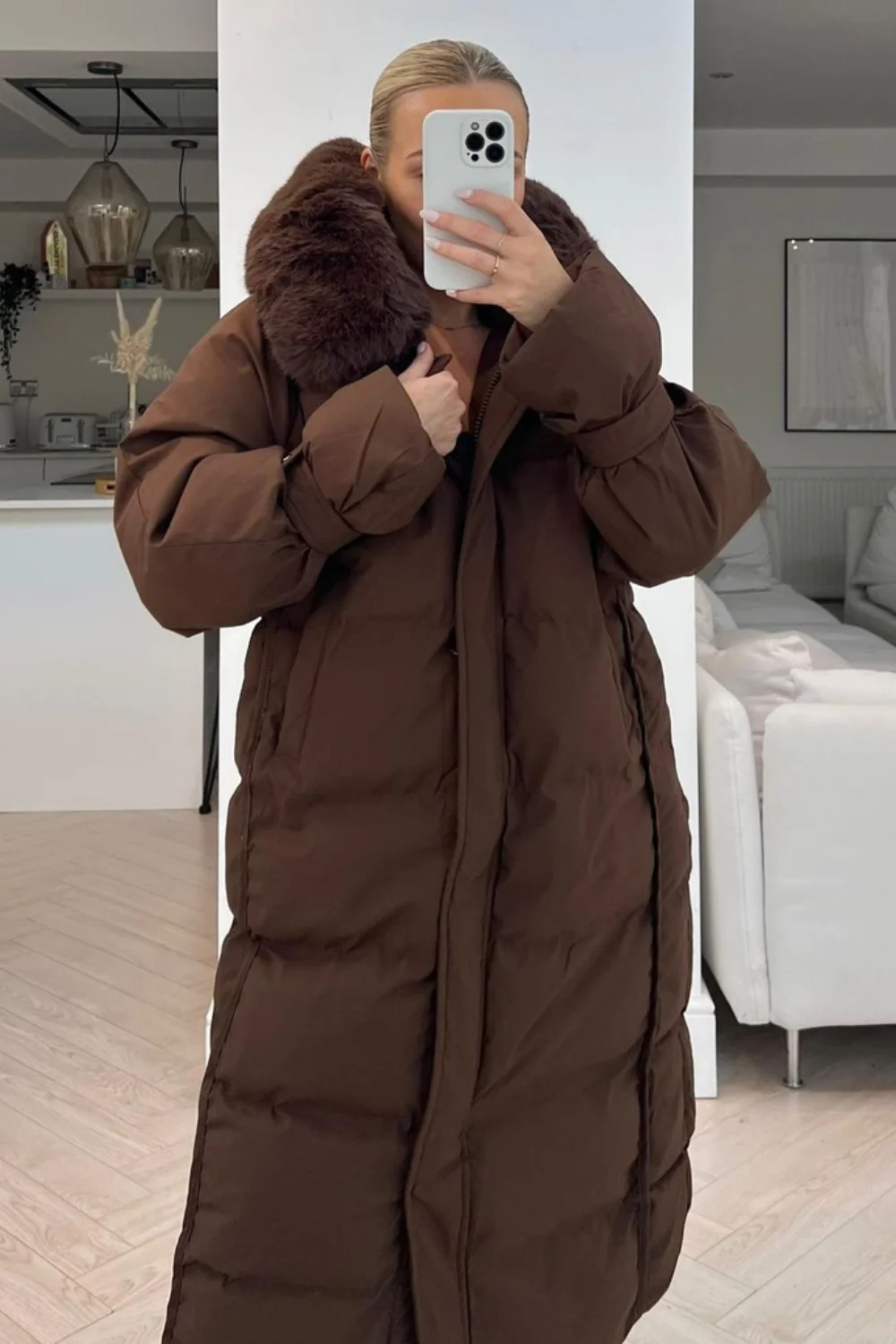 Brogan chocolate Hooded faux fur duvet coat - Image 2