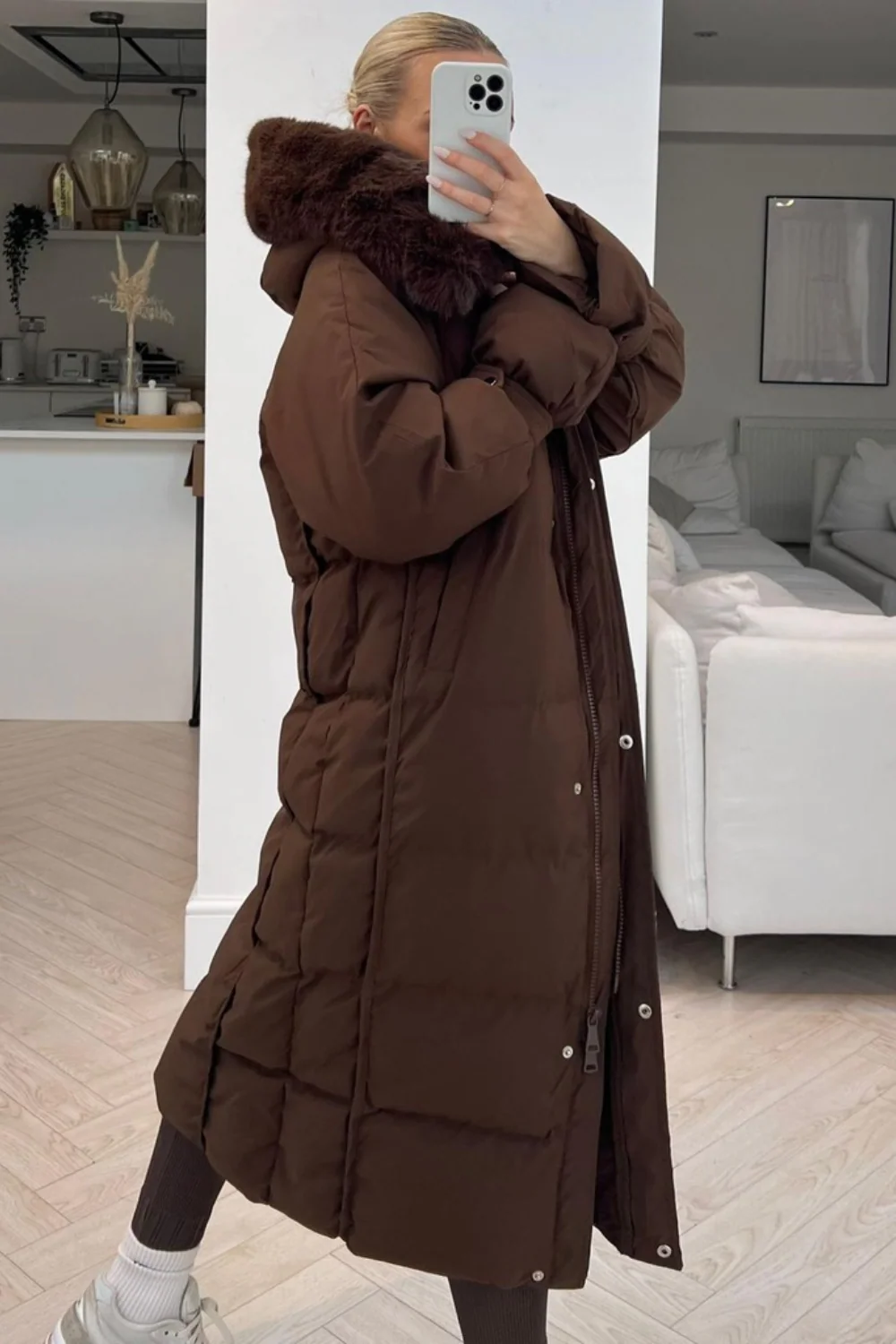 Brogan chocolate Hooded faux fur duvet coat - Image 3