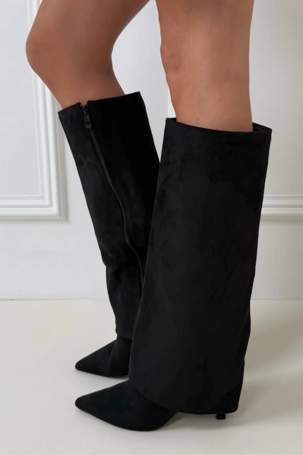 Brooke black faux suede knee high heeled boots - Image 2