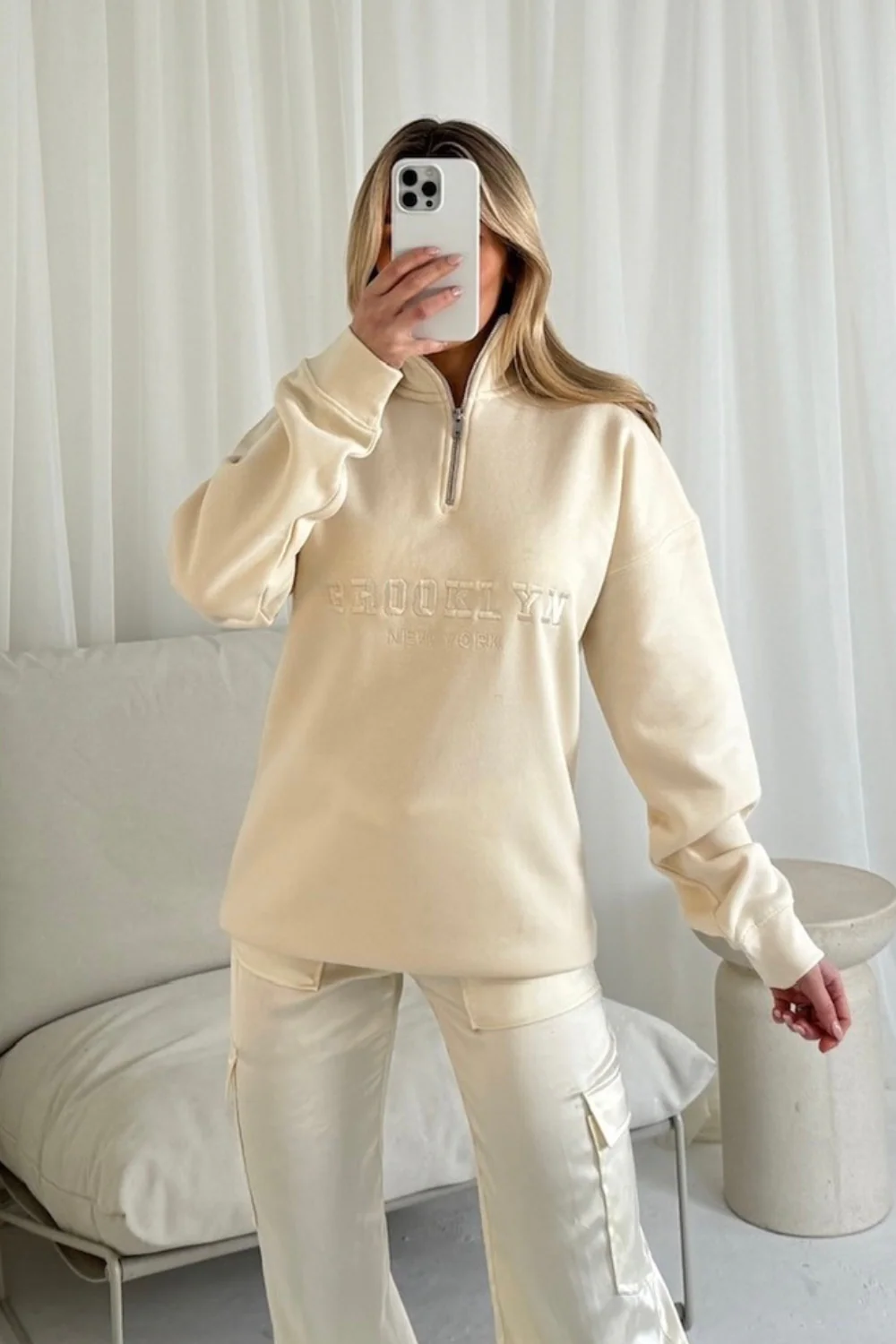 Brooklyn ecru embroidered 3/4 zip sweater - Image 2