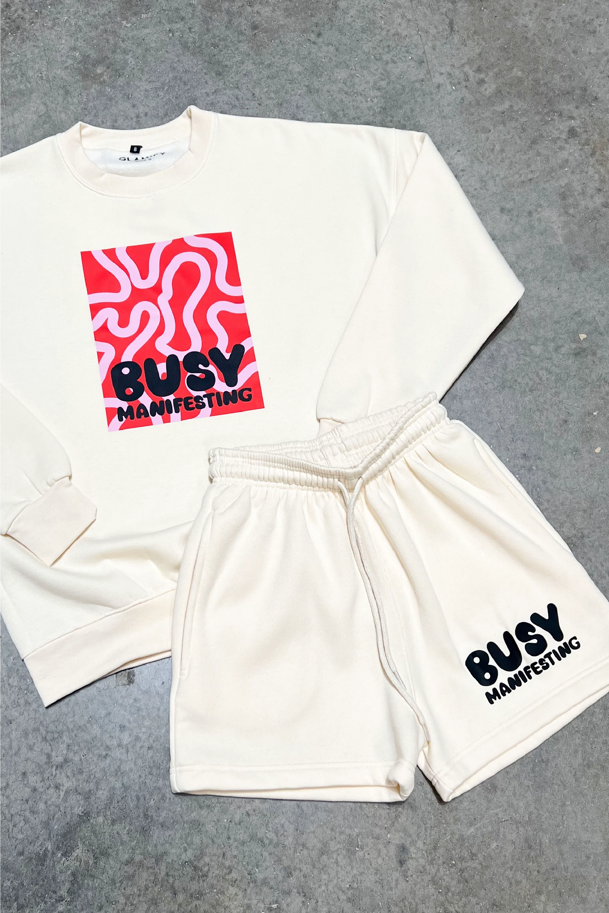 Busy Manifesting Ecru Printed sweater short loungewear set - Image 4