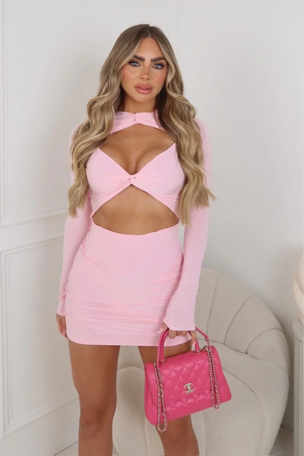 Caitlin pink twist front cut out mini dress