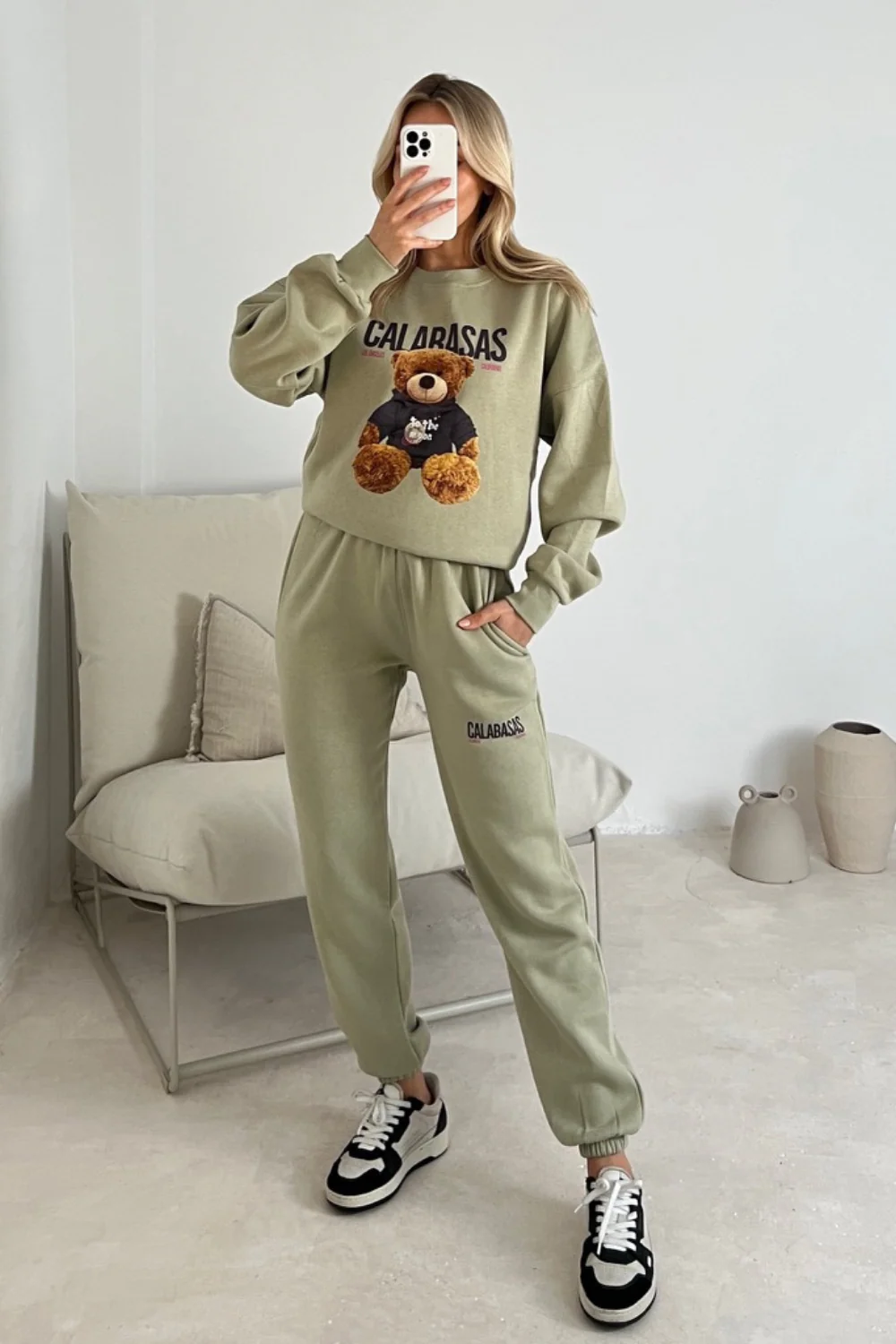 Calabasas bear sage printed sweater joggers premium loungewear - Image 3