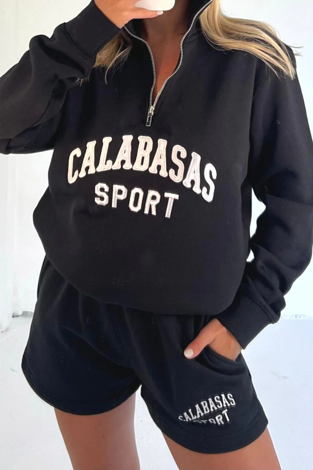 Calabasas black 1/4 zip sweater short loungewear set - Image 4