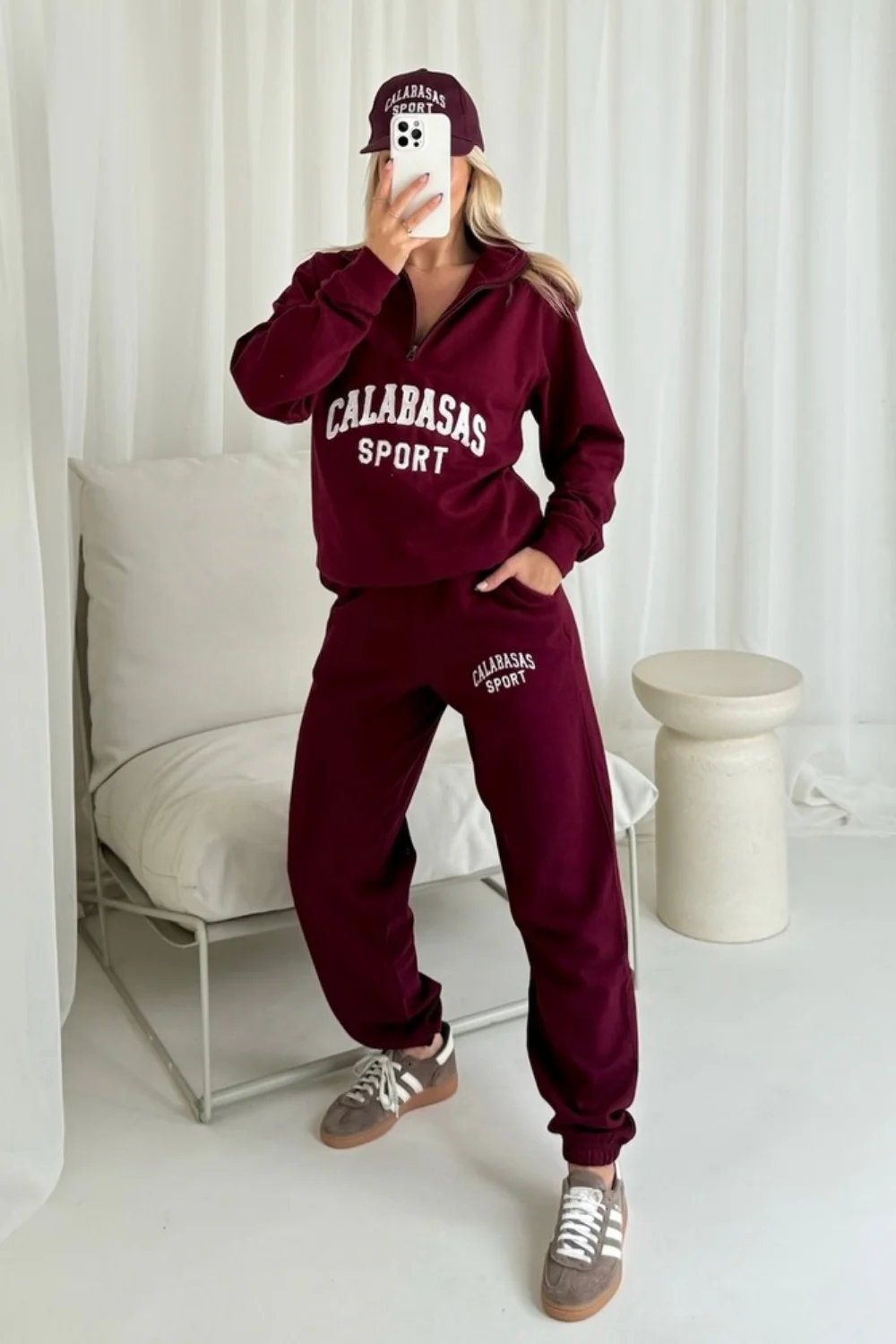 Calabasas burgundy and white embroidered 3/4 sweater joggers loungewear - Image 2