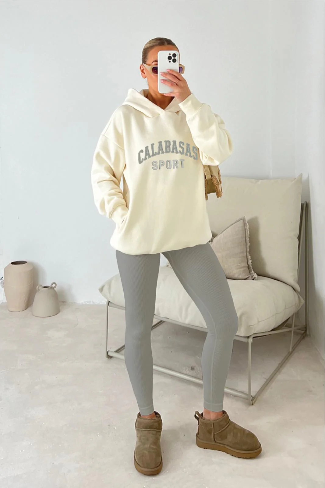 Calabasas ecru embroidered hoodie and legging set