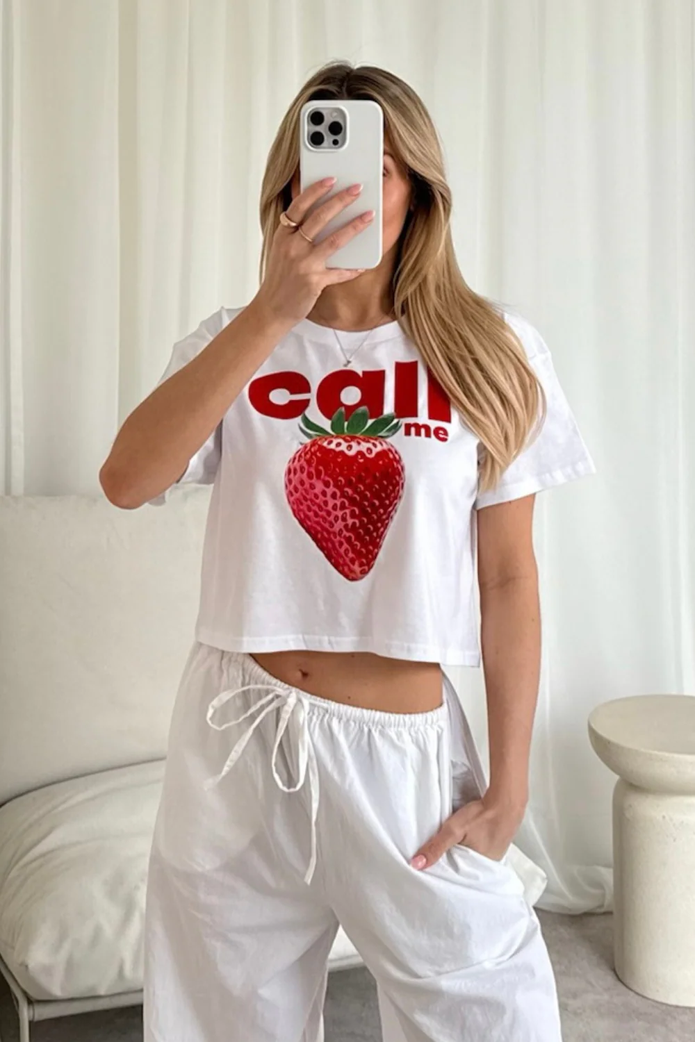 Call me printed white cropped T-shirt