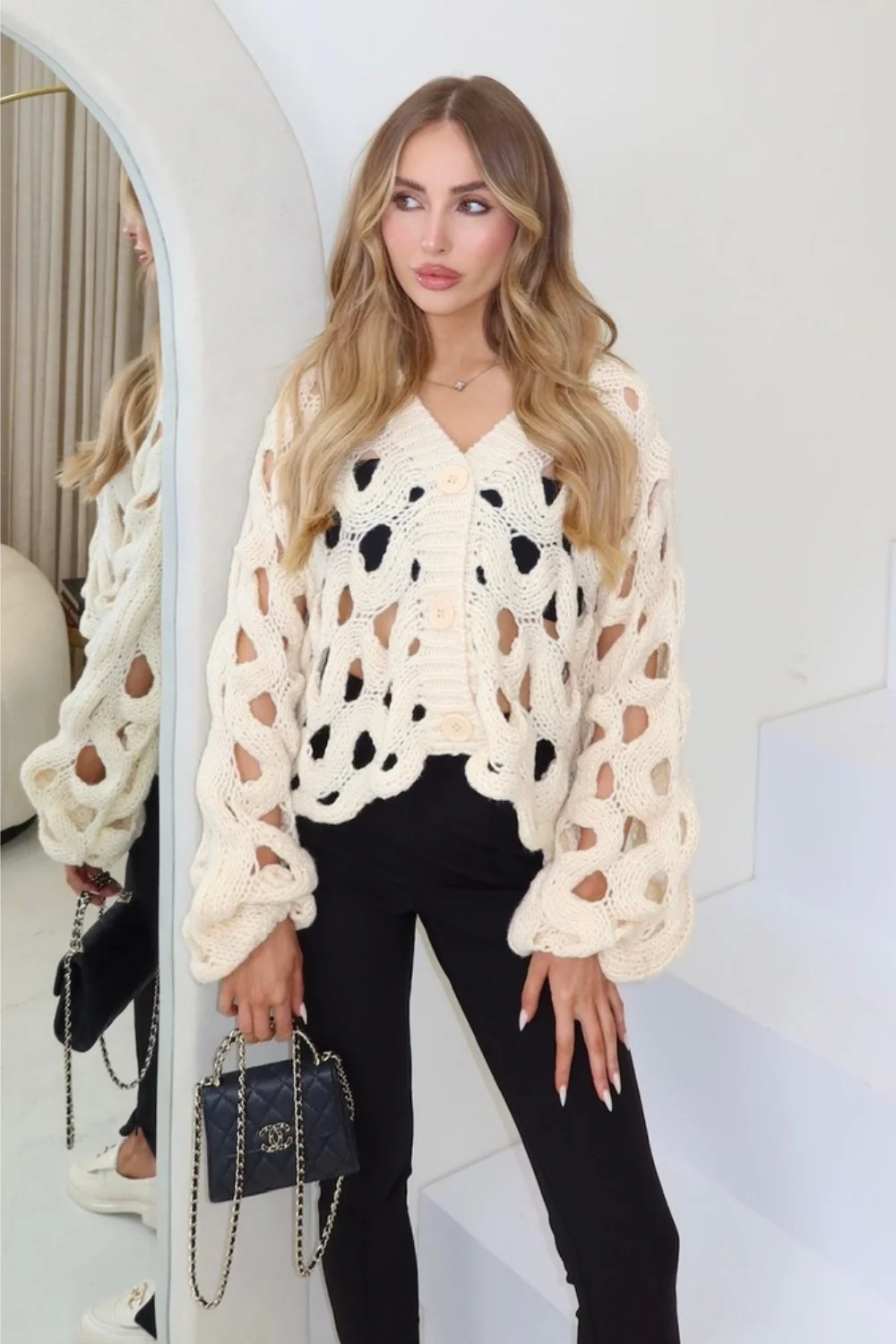 Cally cream hole knit cardigan - Image 2