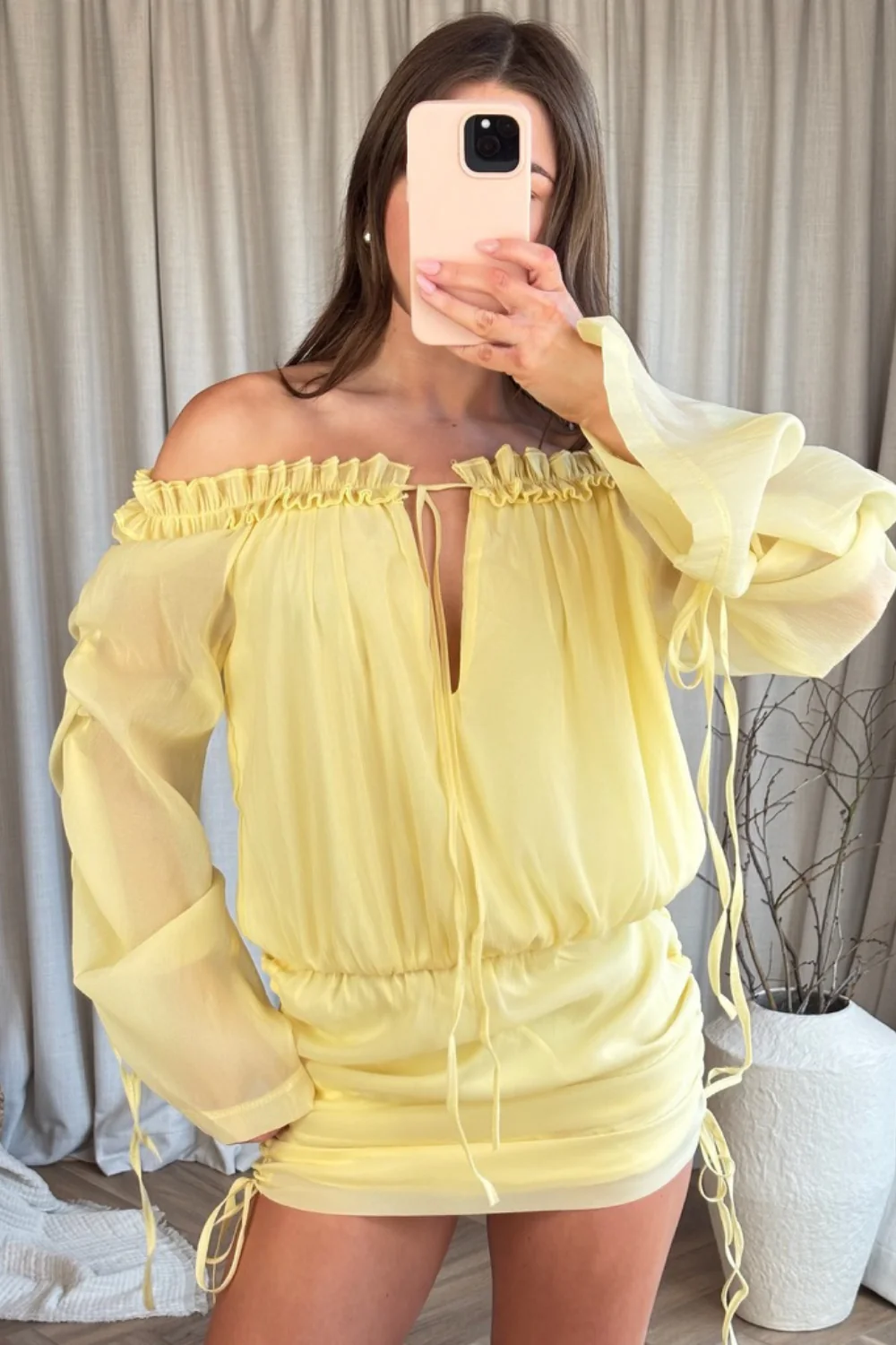 Camila lemon off shoulder sheer mini dress - Image 3