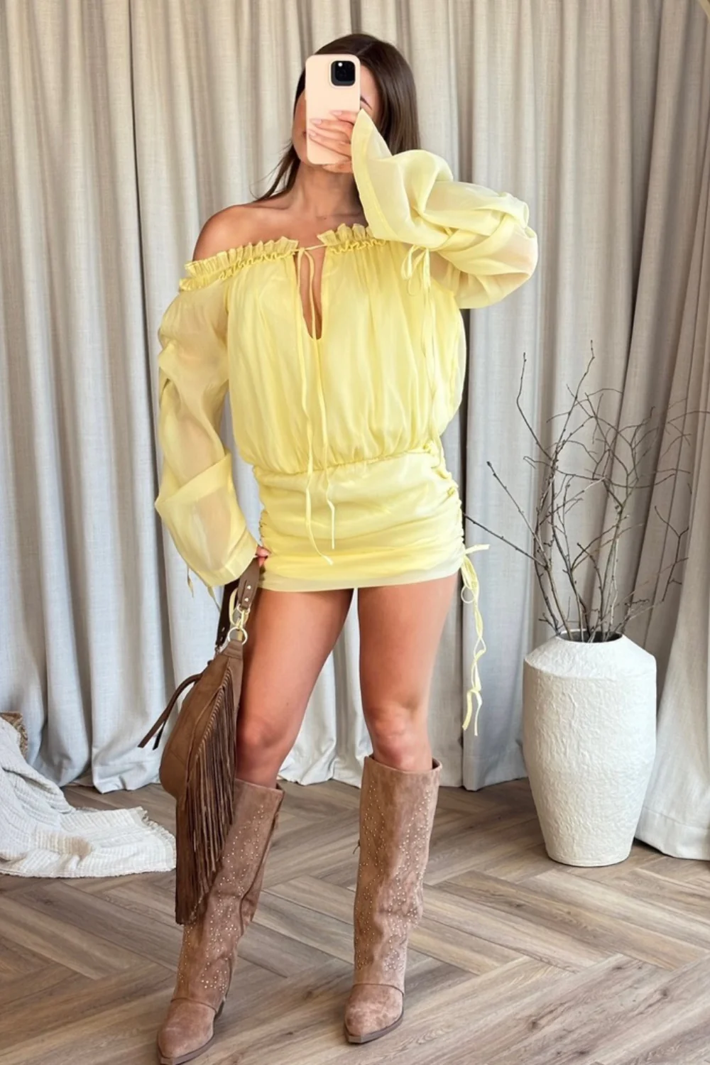 Camila lemon off shoulder sheer mini dress - Image 4